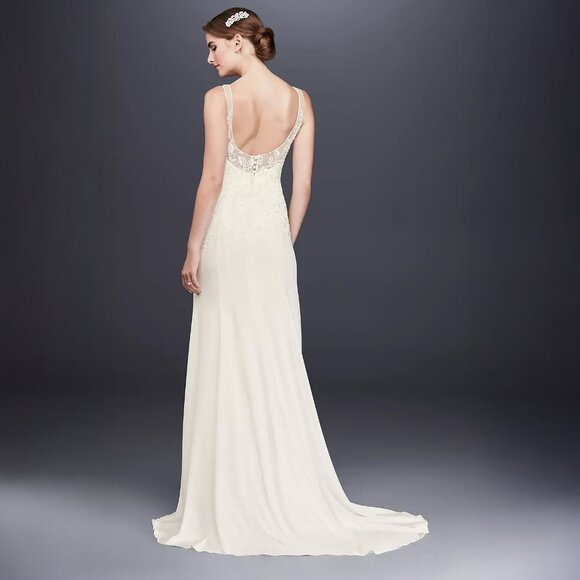 NWT Lace Appliqued Stretch Crepe Sheath Wedding Dress - Picture 3 of 4